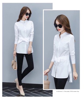 ÁO SƠ MI TRẮNG FORM DÀI CỔ TRỤ