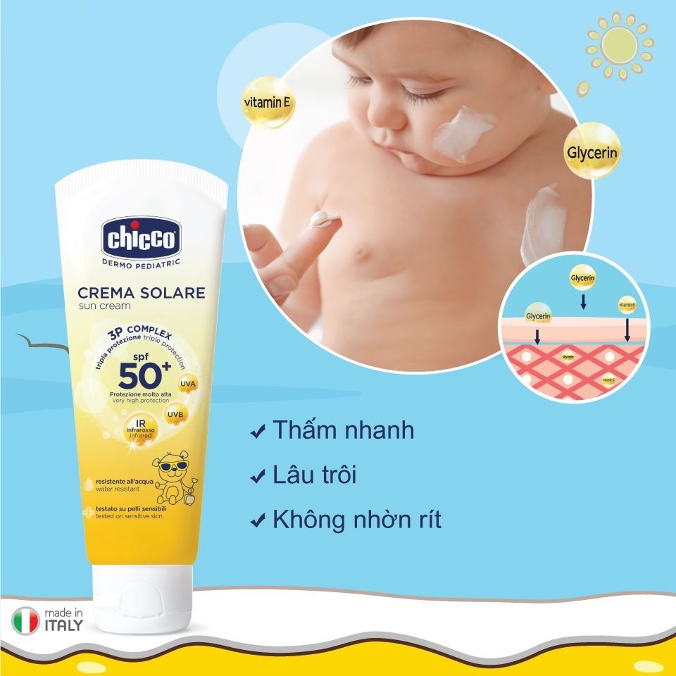 (DATE 2026) Kem chống nắng/ xịt chống nắng CHICCO 3 tác động SPF 50+ cho bé từ sơ sinh 0m+ (CHECK DATE HÌNH CUỐI Ạ)