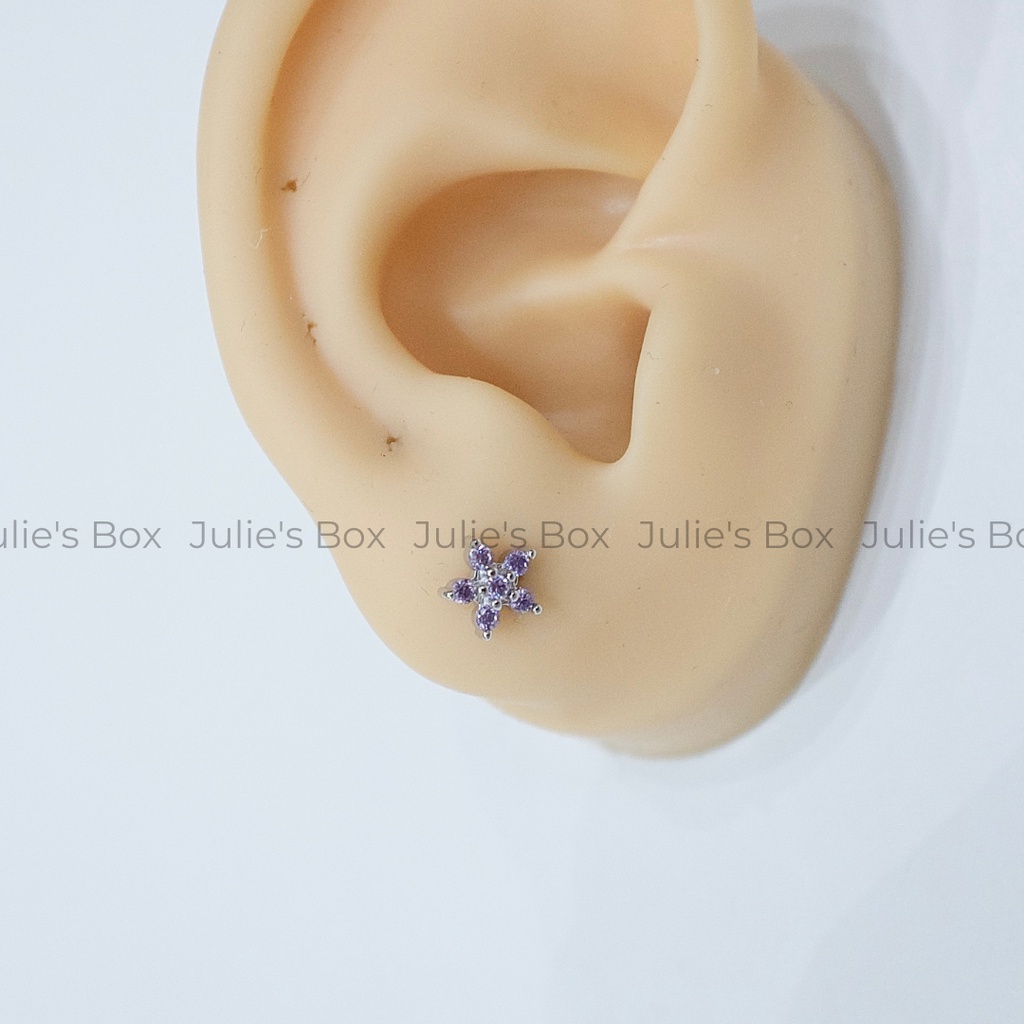 [1 Chiếc] Khuyên Tai Titan Hoa 5 Cánh Đá Tím Unisex Màu Bạc Đuôi Bi Không Ngứa Bông Tai Julies Box 66