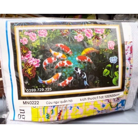 Tranh thêu chữ thập cửu ngư quần hội MN0222 (100x55)-chưa thành phẩm