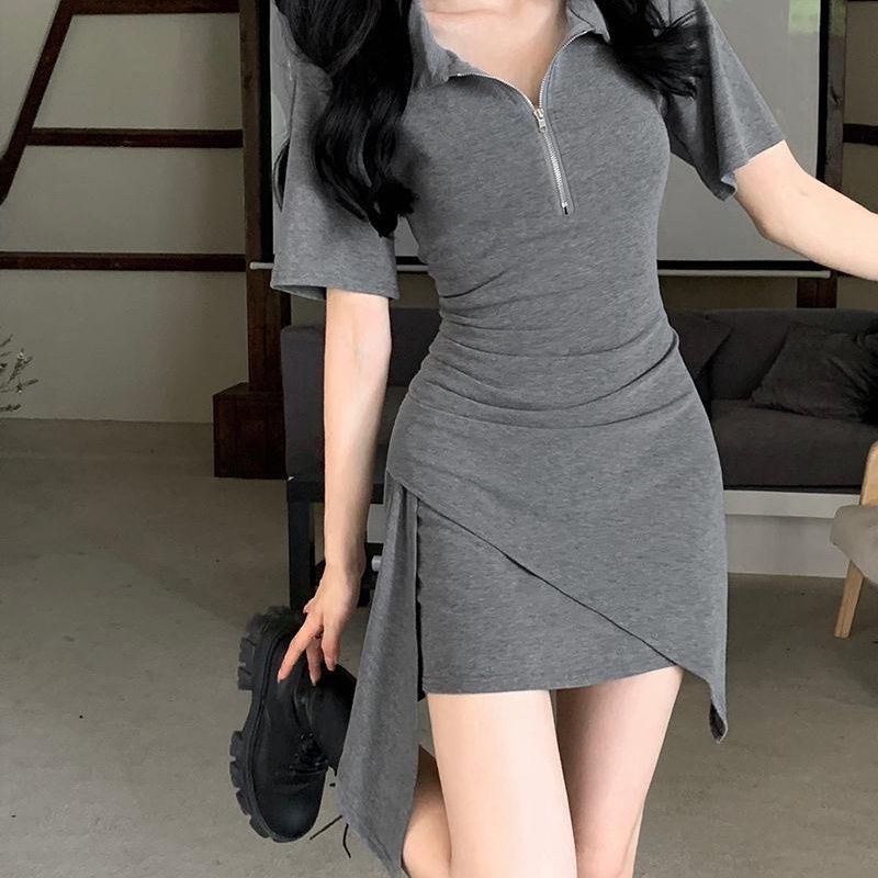 COZOK Đầm Cổ POLO Tay Ngắn Thiết Kế Lệch Tà Cá Tính