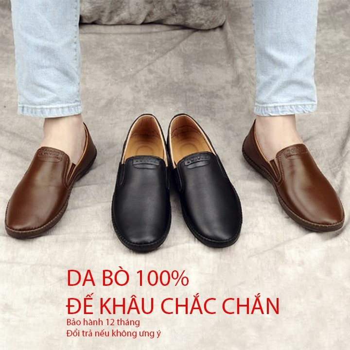 Giày mọi lười Slip on nam da bò nguyên tấm đế cao su siêu nhẹ êm chân phom việt thon gọn đế khâu bền bỉ