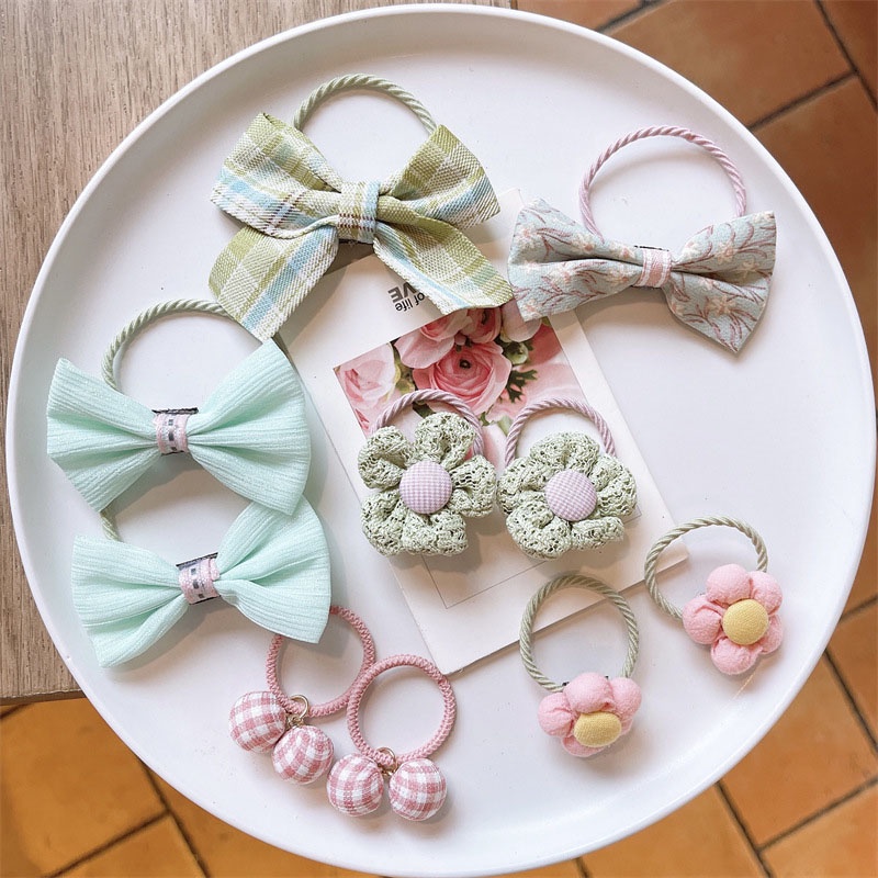 Set 10 Dây Buộc Tóc Co Giãn Phối Ren Hoa Hoạ Tiết Hoạt Hình Thời Trang Dễ Thương Cho Bé Gái