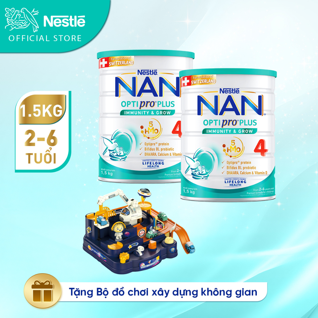 Bộ 2 lon Sữa bột Nestlé NAN OPTIPRO PLUS 4 1500g/lon với 5HMO Giúp tiêu hóa tốt