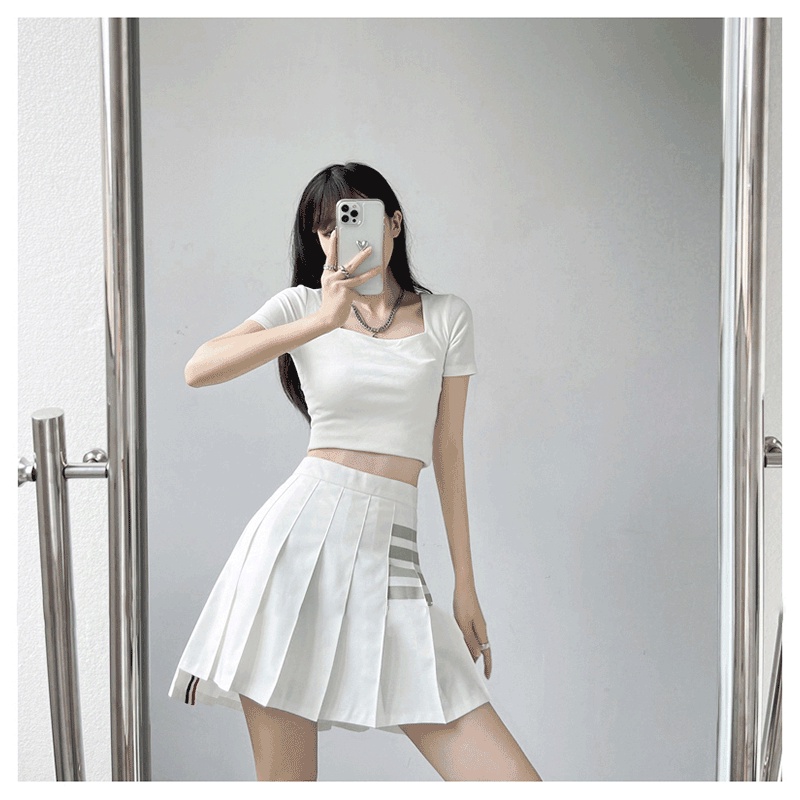 Chân váy SUXI thiết kế xếp ly dáng ngắn lưng cao họa tiết kẻ sọc phong cách Hàn Quốc cho nữ