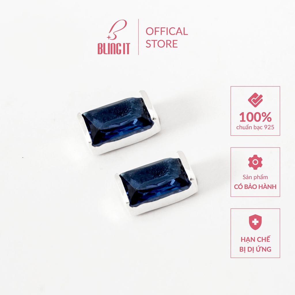 Khuyên tai nữ 925 kèm chuôi bạc cao cấp Bling It thiết kế unisex với kiểu dáng hạt đá vuông xanh lam BIBT464-2