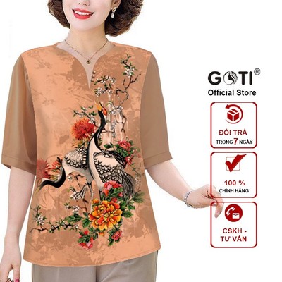 GOTI - Áo Kiểu Trung Niên Nữ U50-60 Bigsize Dành Tặng Mẹ Dạng Cổ V Đính 3 Hạt Tay In Hoạ Tiết 3A34 3A33 3A26 3A27