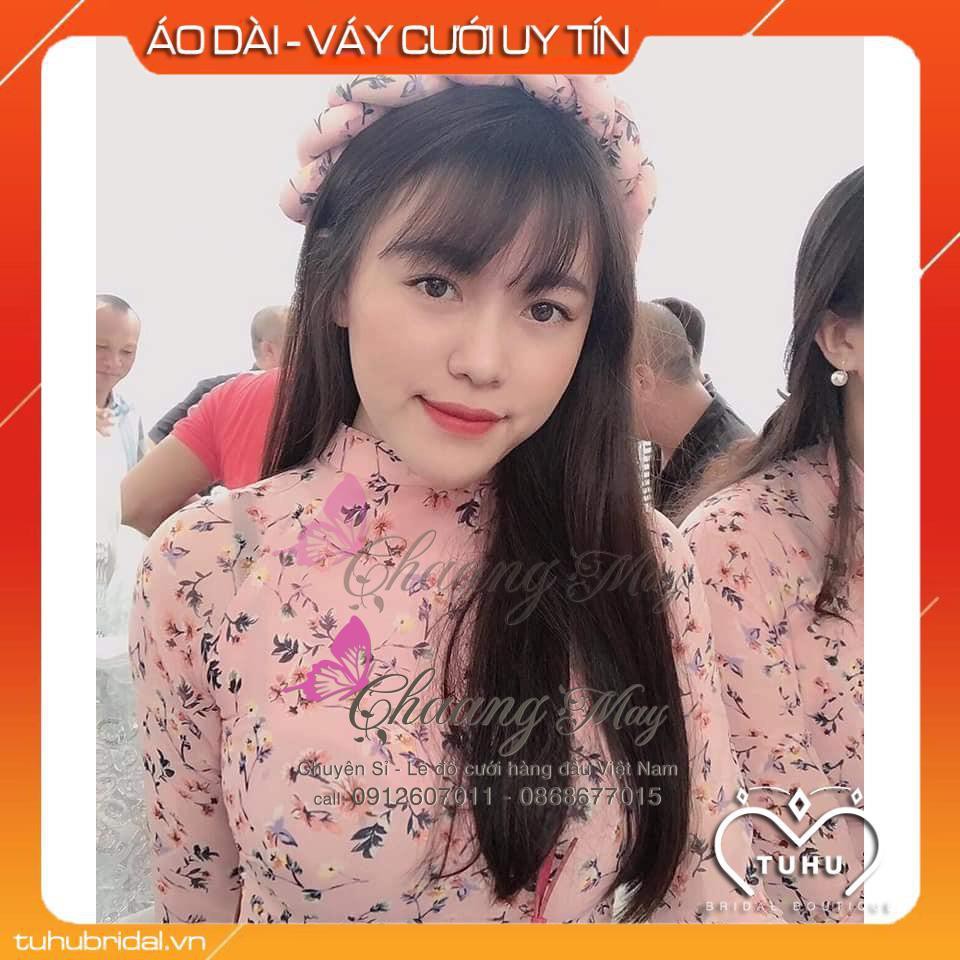 Áo dài hoa nhí lụa hồng ⚡FREESHIP⚡ Dáng áo truyền thống ảnh thật 100%