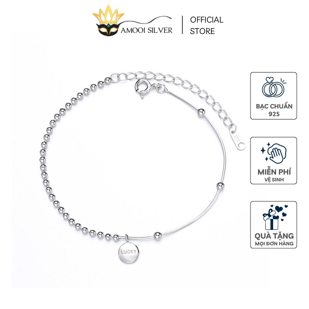 Lắc Tay Bạc S925 2 Loại Dây Bi Và Dây Charm Tròn Khắc Chữ Lucky - Amooi Silver AT53