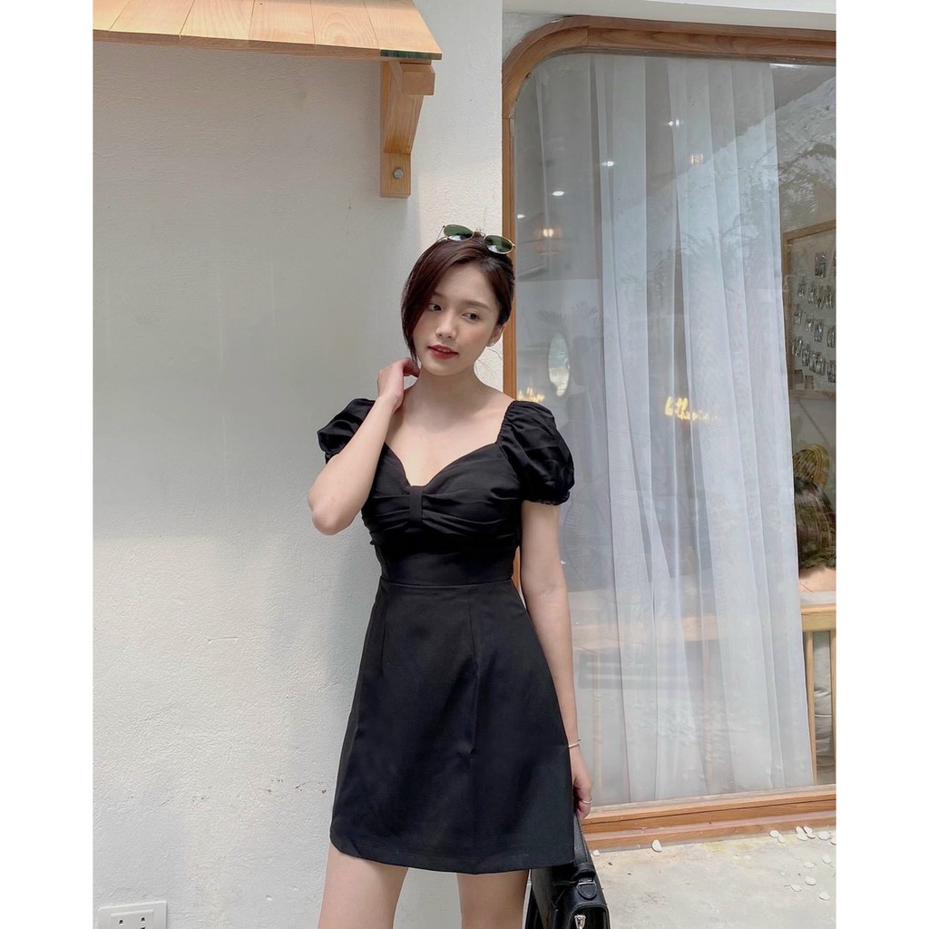 ĐẦM ĐEN NƠ LƯNG tay ngắn - NAMI DRESS - cúp ngực nơ - dáng chữ A - BomBom shop