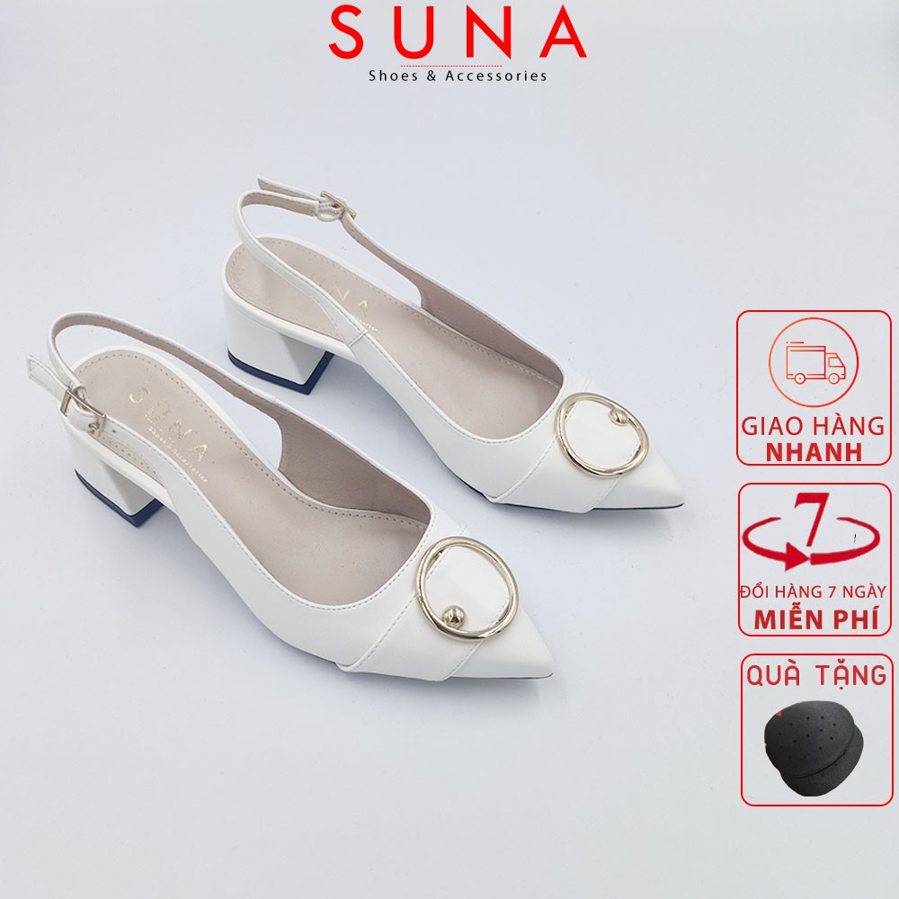 Sandal nữ mũi nhọn, da lì, quai mảnh, gót vuông 5cm màu trắng SUNA - X192