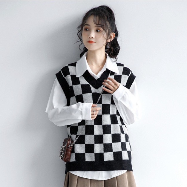 Gile Len Nữ Kẻ Caro Ullzang, Áo Gile Len Cổ Chữ V Thời Trang Cao Cấp Hàng Quảng Châu | BigBuy360 - bigbuy360.vn