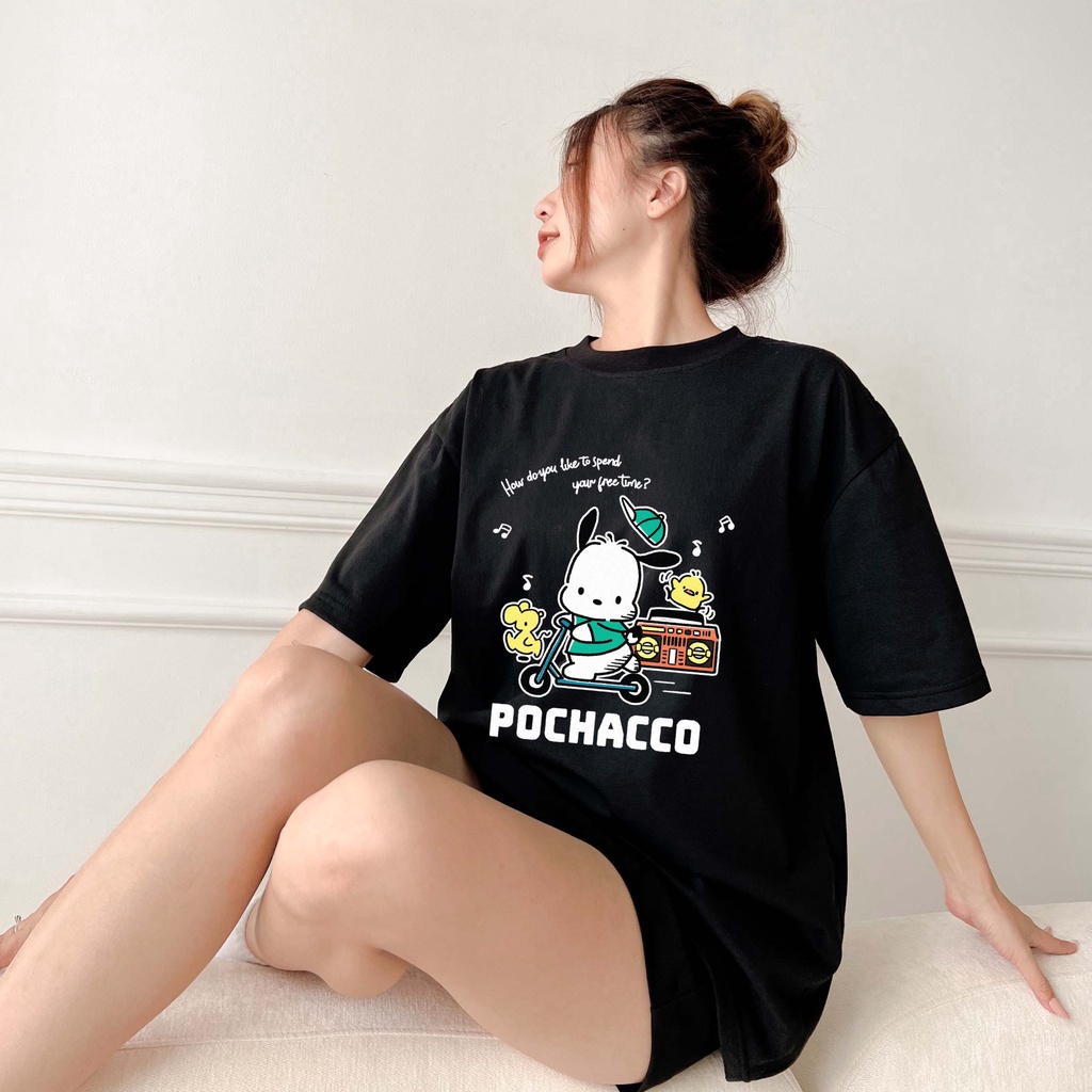 Áo thun unisex hoạt hình POCHACCO 100% cotton oversize tay lỡ form rộng