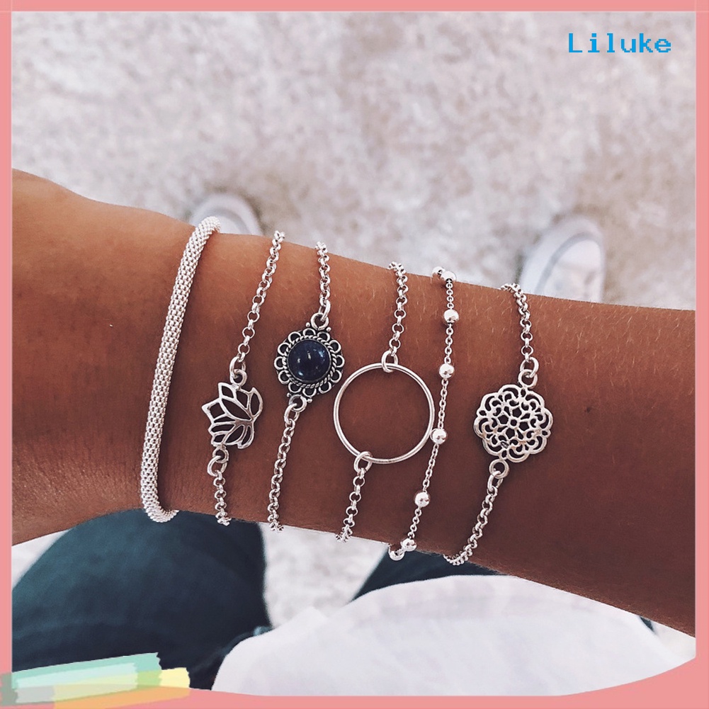 Bộ 6 Vòng Tay Hợp Kim Trang Trí Hoa Sen Đính Đá Thời Trang Cho Nữ