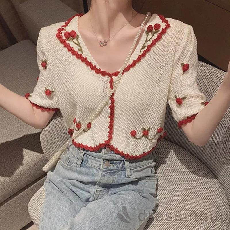 DRE-Ladies V-neck Short Tops, Summer Three-dimensional Flower Pattern Puff Short Sleeve Single-breasted Tops