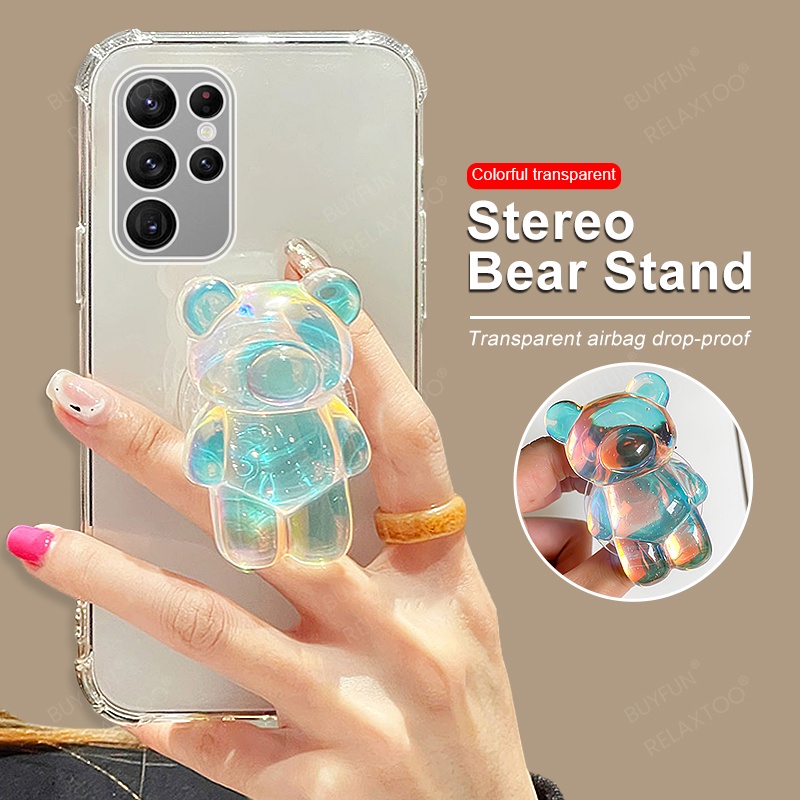 Colorful Bear Stand Silicone Case For Samsung S22 s21 Ultra 5G Transparent Cover For S22 s21 Ultra Plus S21fe 5G 3D Case