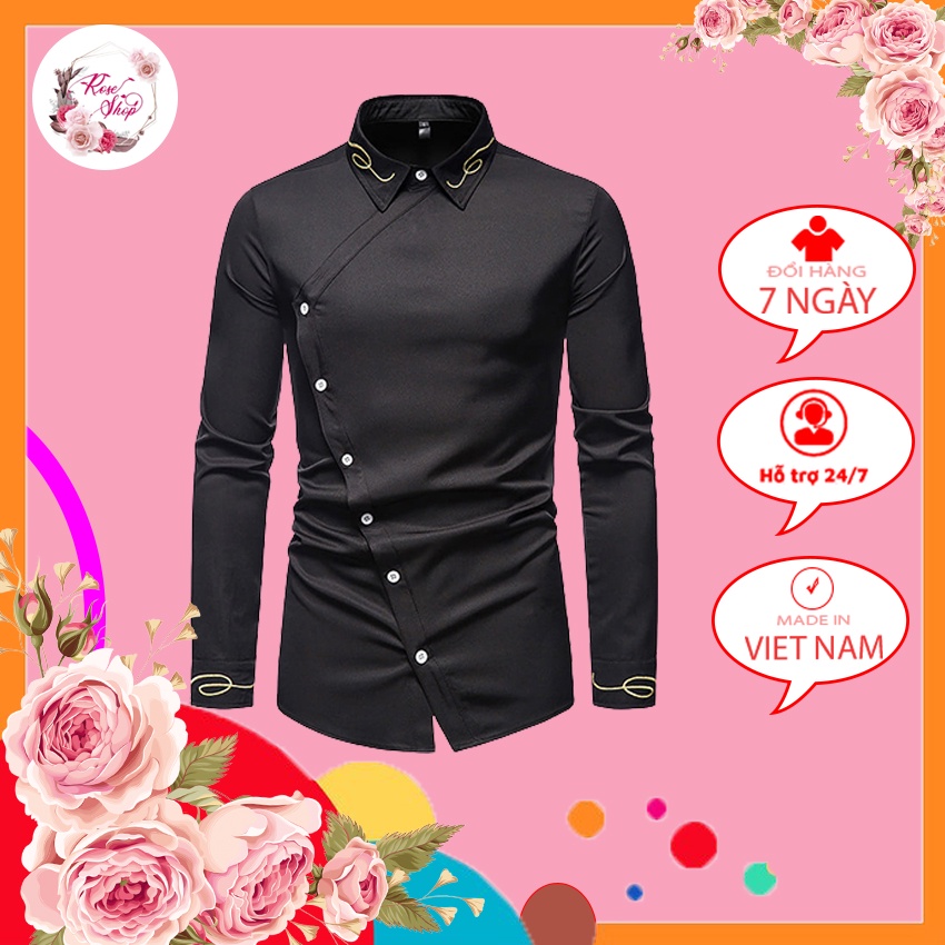 Áo sơ mi, Áo sơ mi nam cúc chéo, theu hoa văn ở cổ, tạo thêm điểm nhấn cho chiếc áo, thu hút cái nhìn cách điệu n27