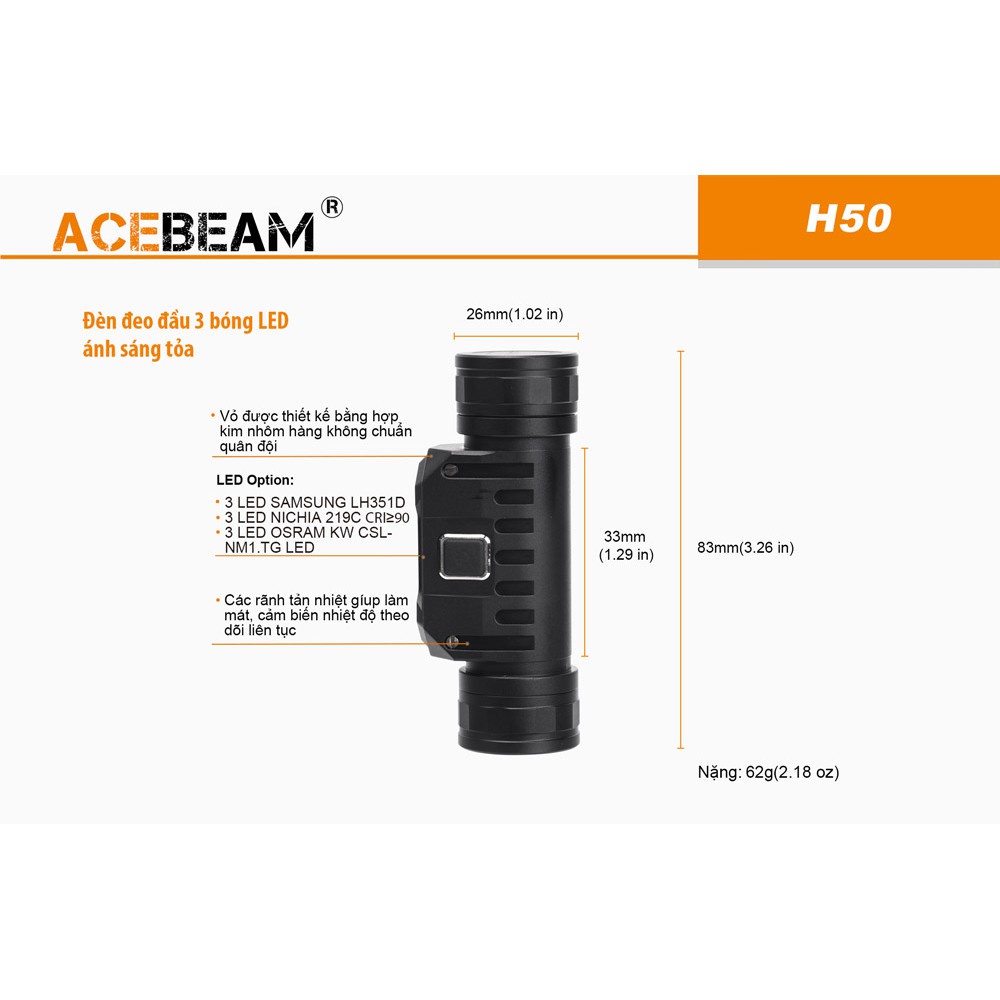 Đèn pin đội đầu ACEBEAM H50 3 LED tùy chọn sáng 2000 lumen xa 137 m sử dụng 1 pin 18650 Đèn &amp; Đèn pin