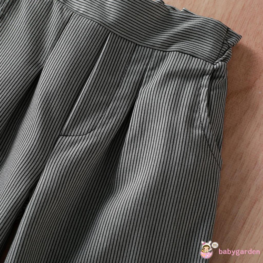 Set áo cổ cao không tay + quần dài lưng cao ống rộng họa tiết kẻ sọc xinh xắn đáng yêu cho bé gái