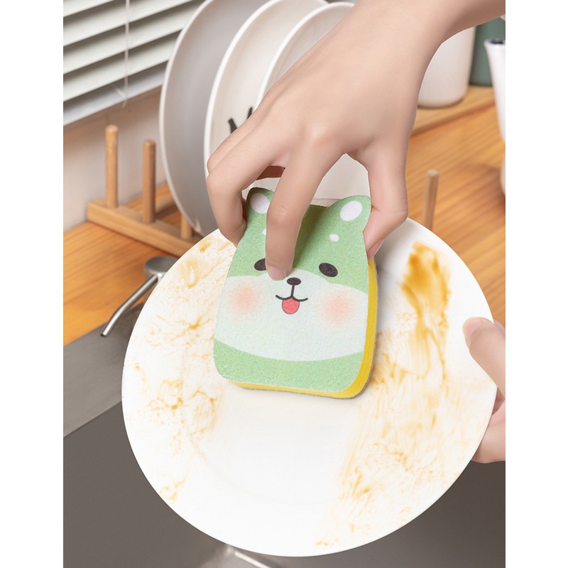Miếng Bọt Biển Rửa Chén/Chảo Vệ Sinh Nhà Bếp Hai Mặt Dày Dặn In Hoạt Hình Dễ Thương