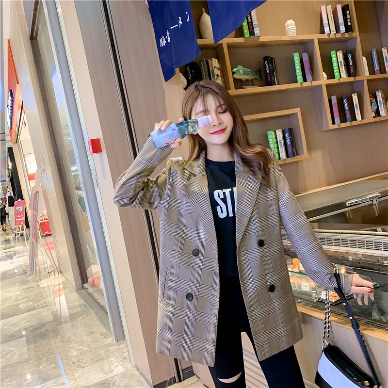 ÁO BLAZER KẺ NÂU TÚI ĐỨNG KIỂU DÁNG HÀN QUỐC, BLAZER KẺ NỮ KHOÁC NGOÀI 2 LỚP