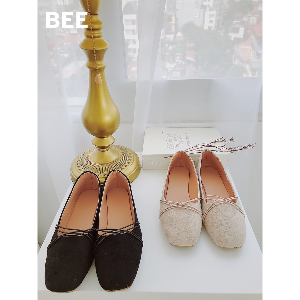 BEESHOES - GIÀY BÚP BÊ NỮ MŨI VUÔNG DẾ BẰNG ĐI SIÊU ÊM SIÊU MỀM - GIÀY BÚP BÊ NỮ QUAI ĐAN ĐI ÔM CHÂN  MÀU ĐEN-BE