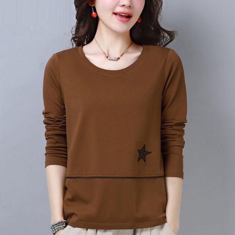 Áo Thun Tay Dài Cổ Tròn Dáng Rộng Màu Sắc Đơn Giản Cho Nữ