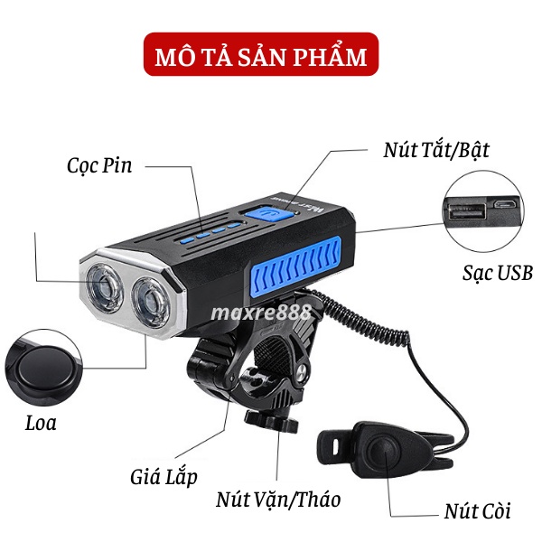 Đèn Xe Đạp Xe Máy LED LY22 Cảnh Báo An Toàn Chống Thấm Nước Gắn Trước Sau Xe Đạp Cao Cấp-có còi pin sạc usb led