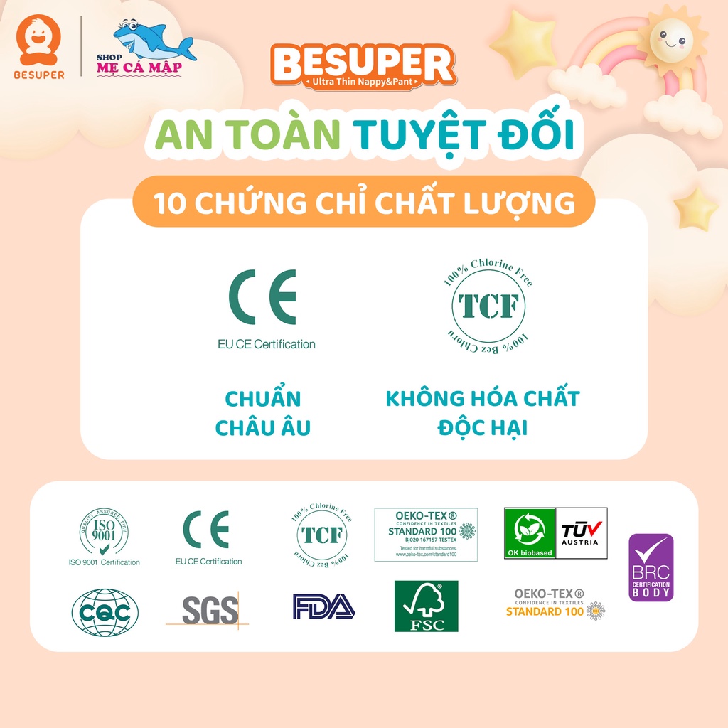 Tã/Bỉm Besuper Dán/Quần Organic Chuẩn Châu Âu Cao Cấp Cho Bé S56/M48/L46/XL44/XXL42/XXXL40