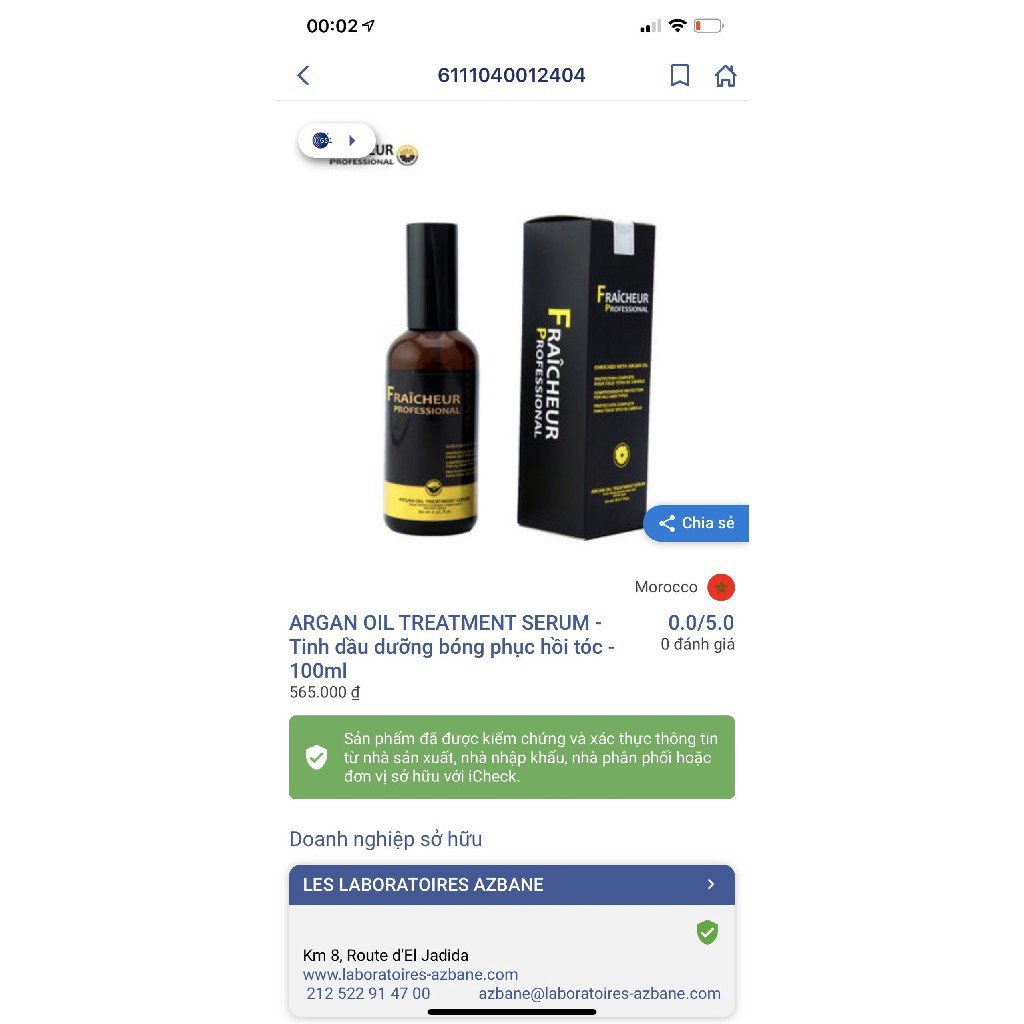 Tinh Dầu Dưỡng Phục Hồi Chuyên Sâu Fraicheur Argan Oil Treatment Serum 100ml