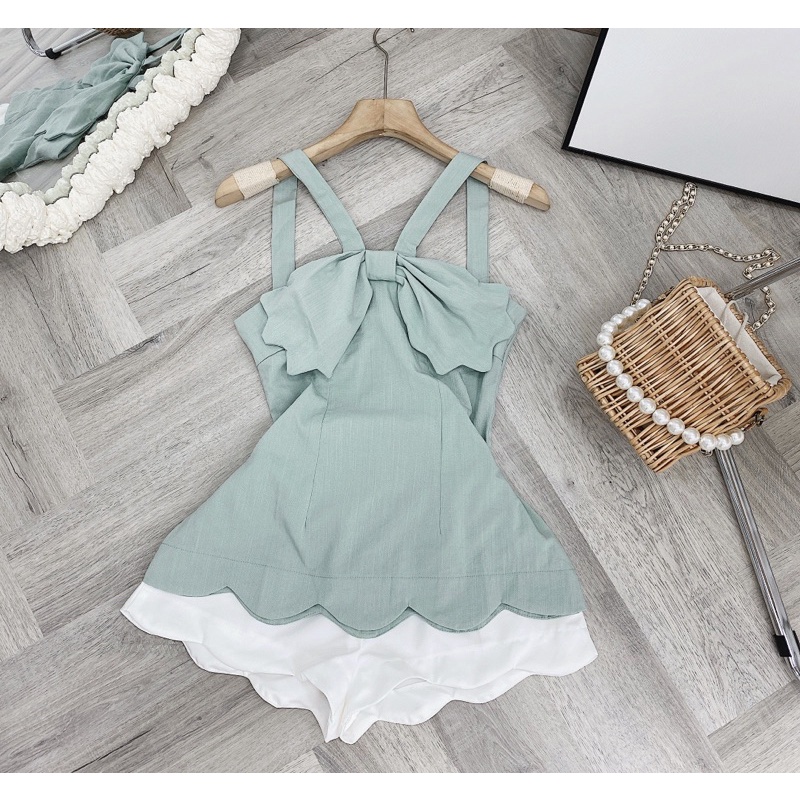 SET ÁO 2 DÂY YẾM NƠ NGỰC + SHORT LAI GỢN SÓNG