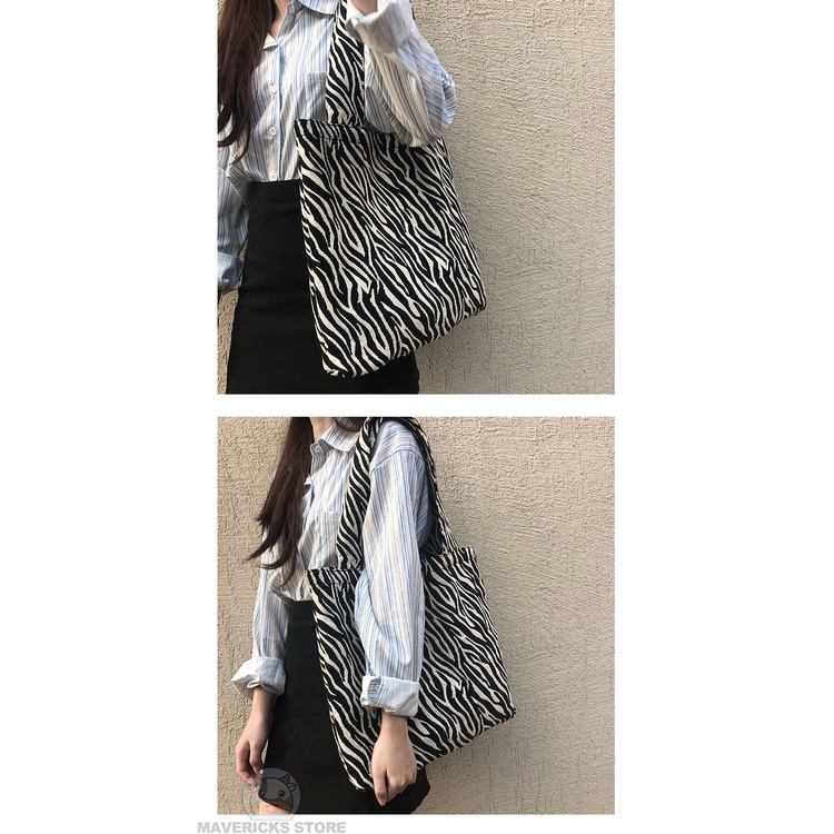 Túi Xách Đeo Vai Vải Bạt Cỡ Lớn Họa Tiết Ngựa Vằn Thời Trang Hàn Quốc Dành Cho Nữ