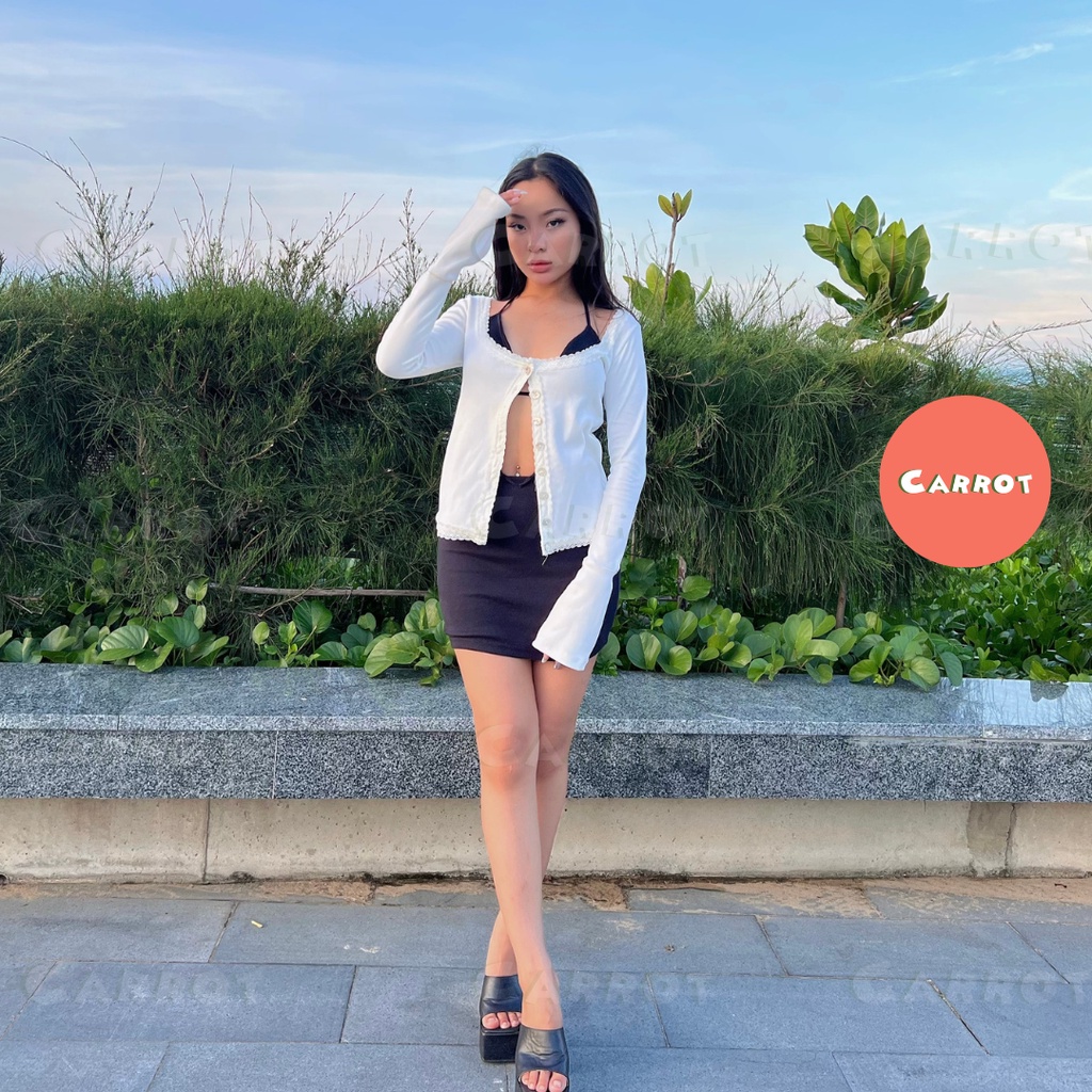 Set đồ nữ đi chơi sang chảnh áo croptop tay dài ren chân váy ngắn ôm đen cột dây áo ngực bra ôm body Carrotxinhdep
