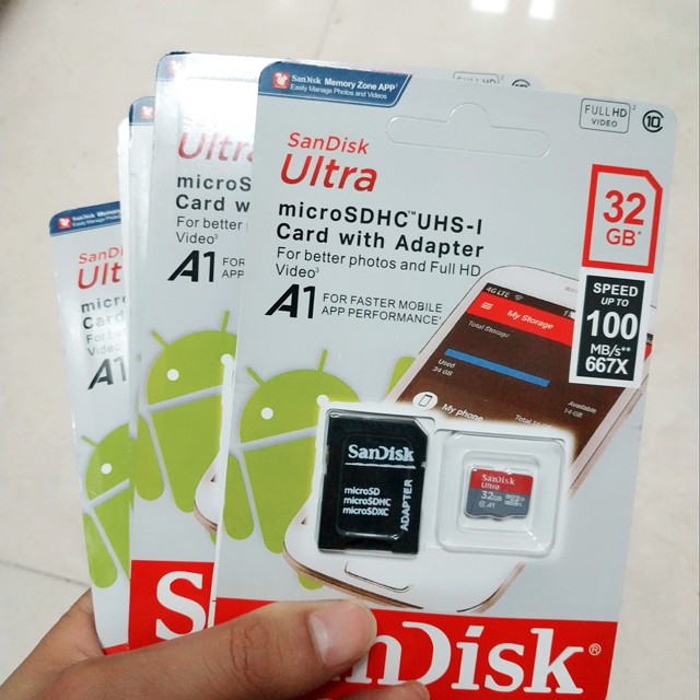 Bảo hành 5 năm - Thẻ nhớ microSDHC SanDisk Ultra A1 32GB upto 98MB/s kèm Adapter