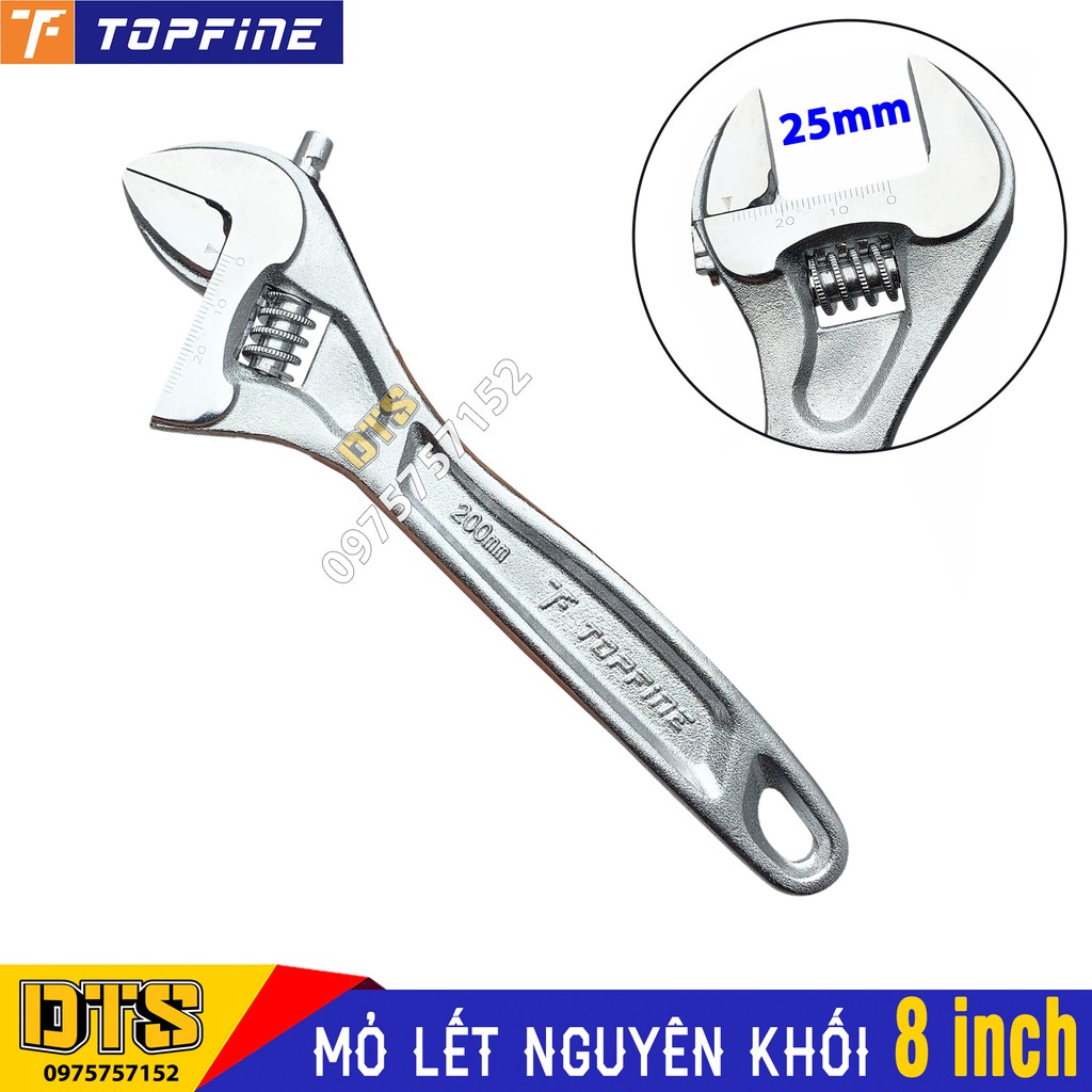 Mỏ lết thép trắng đúc nguyên khối 8 inch TOP FINE 200mm, thép Carbon siêu cứng điều chỉnh độ mở tháo lắp linh hoạt