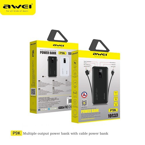 Sạc Dự Phòng Awei P9K 10000mAh 22.5W Hỗ TRợ Sạc Nhanh Cho Điện Thoại Kèm Cáp