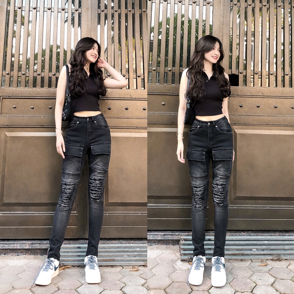 Quần Jean biker túi nắp trước,co giãn, dày dặn màu xám Khói Lexuza 0119