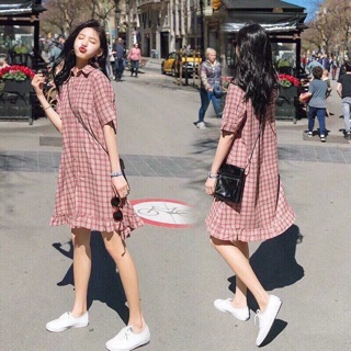 Đầm caro sơmi form suông