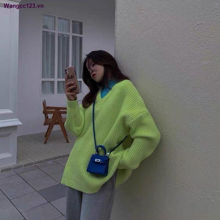 Áo sweater dệt kim dày dáng rộng màu xanh dương thời trang thu đông mới 2021