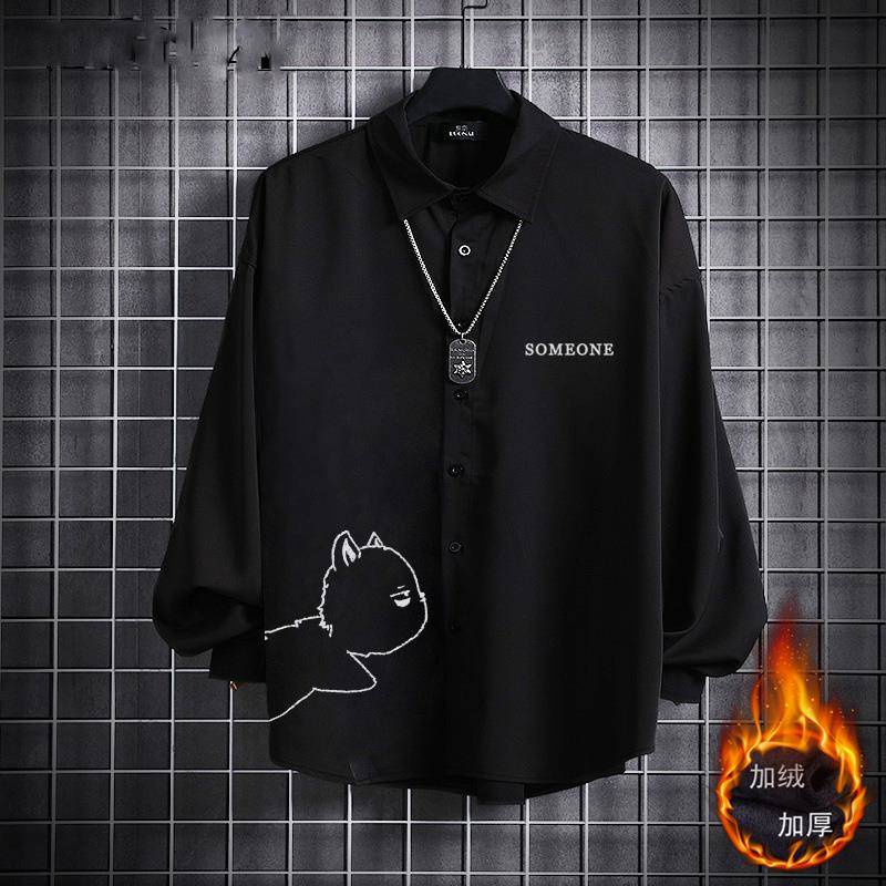 Hàng Có Sẵn Áo Sơ Mi Tay Dài In Hình Mèo Phối Nhung Dày Dặn Ấm Áp Thời Trang Thu Đông Phong Cách Nhật Bản Cho Nam