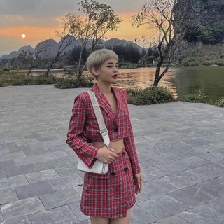 [Ảnh thật]Set vest caro đỏ kèm váy
