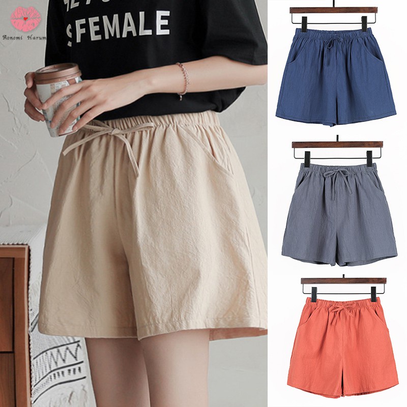 Quần Short Cotton Ống Rộng Lưng Thun Thoải Mái Có Túi Và Dây Rút Cho Nữ