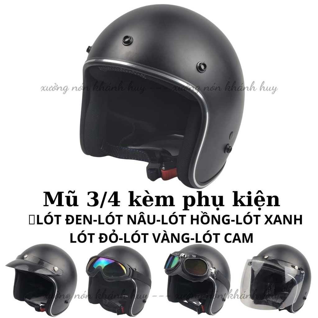 Mũ Bảo Hiểm 3/4 đầu  Lót 7 Màu Cao Cấp Như Hình - Hàng CTY-Cam Kết Chất Lượng Giống Hình 100%