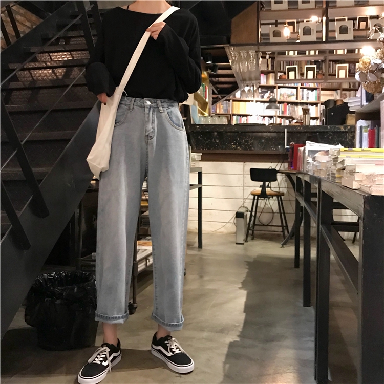 Quần jean lưng cao ống rộng phong cách Hàn Quốc dành cho nữ