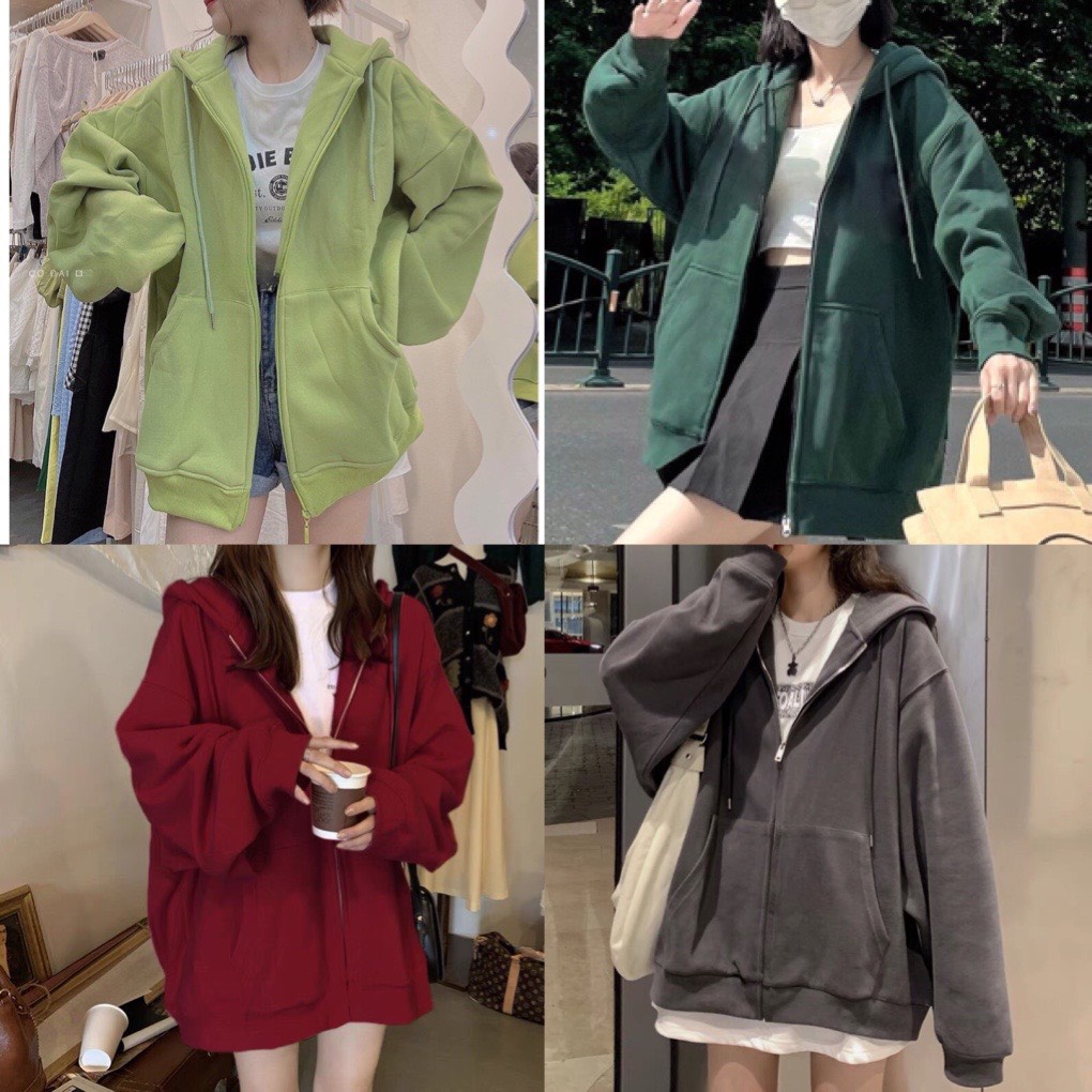 Áo Khoác Nỉ Nữ Trơn Mũ To 2 Lớp Có Túi Trước Áo Hoodie Nỉ Kéo Khóa Tay Phồng Freesize Dáng Rộng