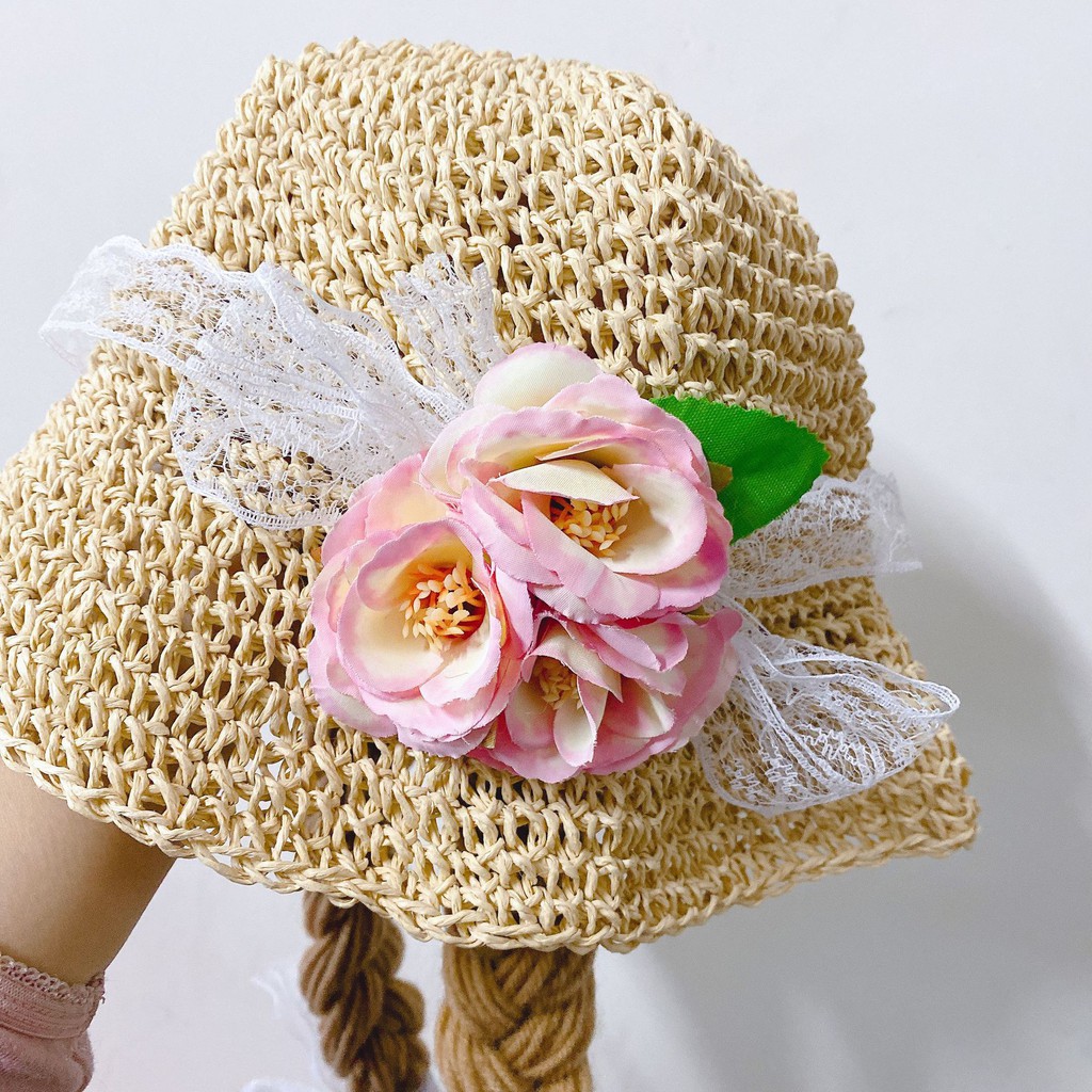 Nón vành cói bím dài ren hoa dễ thương