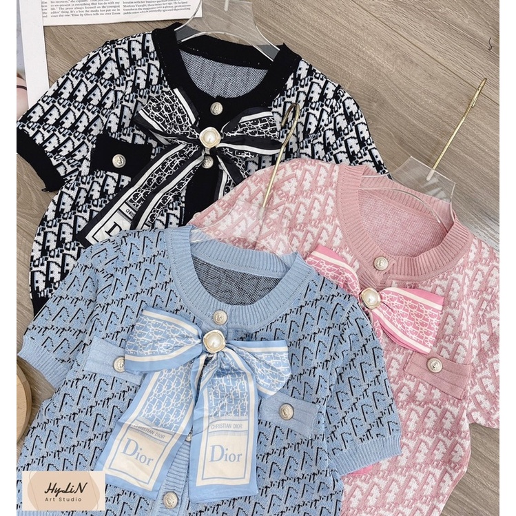 Áo len mỏng cộc tay kèm nơ, Áo len mongtoghi ngắn tay in chữ AL9803 - NhiNhi Shop