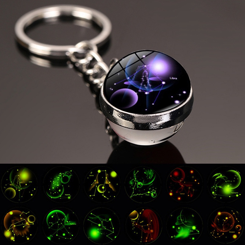 Móc Khóa Mặt Kính Cabochon In Hình 12 Chòm Sao Hoàng Đạo Dạ Quang