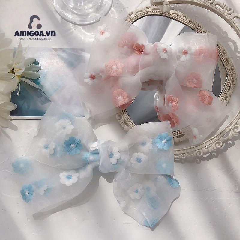 Dây Buộc Tóc Thắt Nơ Thêu Họa Tiết Hoa Cúc Xinh Xắn Thời Trang