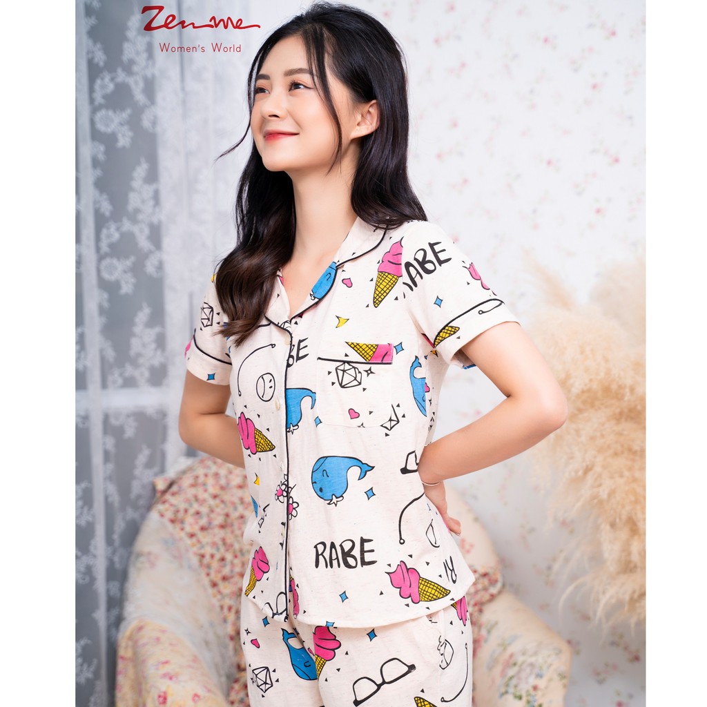Đồ bộ nữ Zen Me pijama mặc nhà tay cộc quần đùi chất liệu chuẩn cotton họa tiết cá voi kem dễ thương | BigBuy360 - bigbuy360.vn